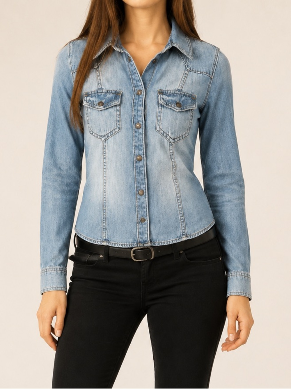 GUESS Light Wash Denim Western Snap Button Shirt Medium